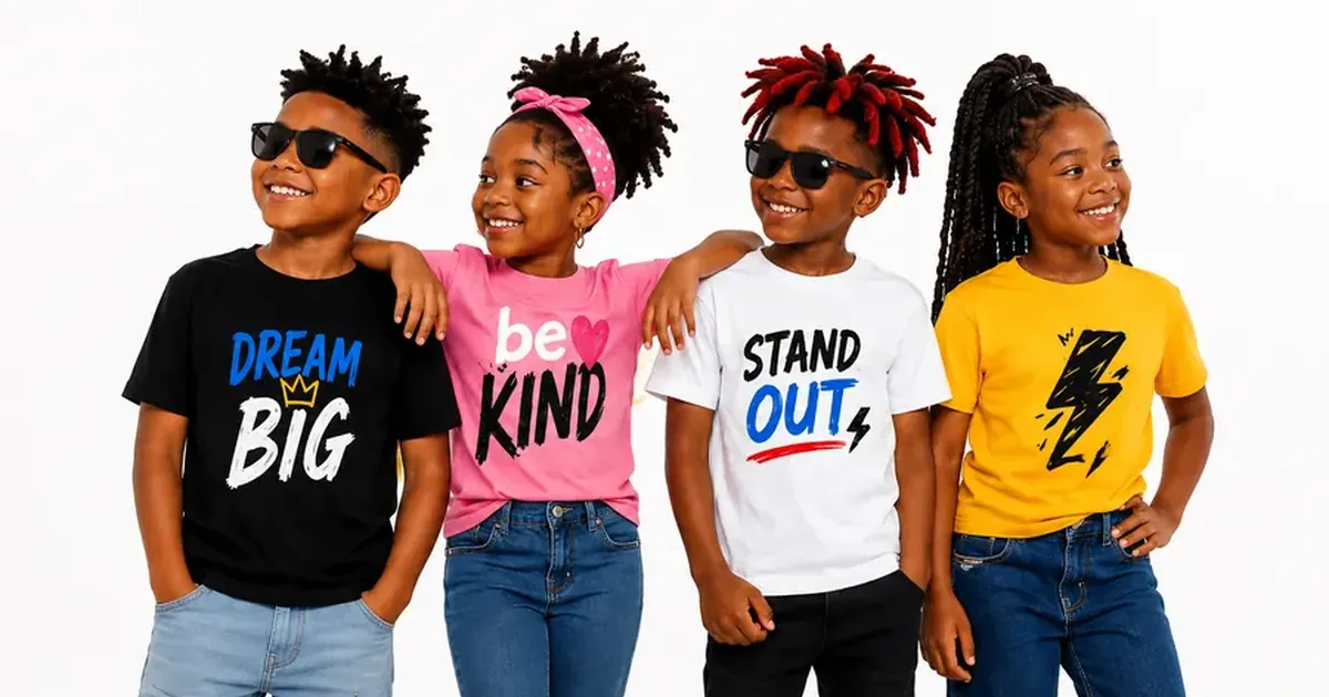 Four kids in tees reading Dream Big, Be Kind and Stand Out