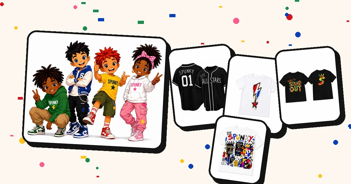 The SPUNKY Crew illustration with the All Stars jersey, Lightning Bolt tee, Stand Out tee and Dream Big tee