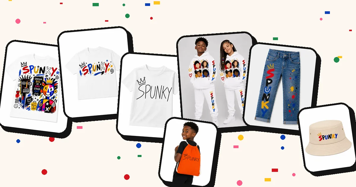 SPUNKY everyday picks: graphic tees, graphic tracksuit, painted jeans, bucket hat and drawstring backpack
