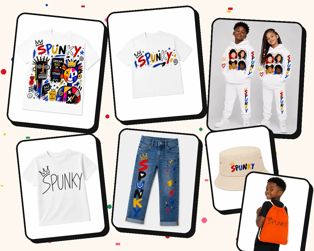 SPUNKY everyday picks: Dream Big tee, Graffiti tee, Kids T-Shirt, tracksuit, painted jeans, bucket hat and drawstring backpack