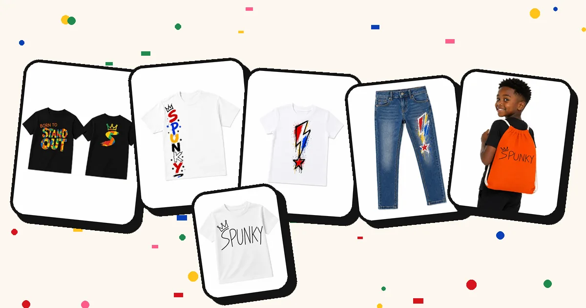SPUNKY first-day confidence kit: Stand Out tee, Vertical Graphic tee, Lightning Bolt tee and jeans, drawstring backpack
