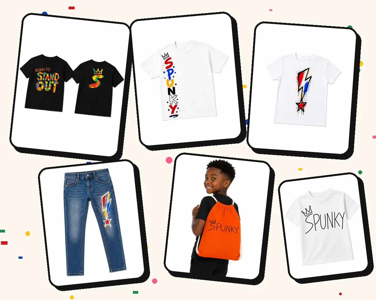 SPUNKY first-day picks: Stand Out tee, Vertical Graphic tee, Lightning Bolt tee, Lightning Bolt jeans and drawstring backpack