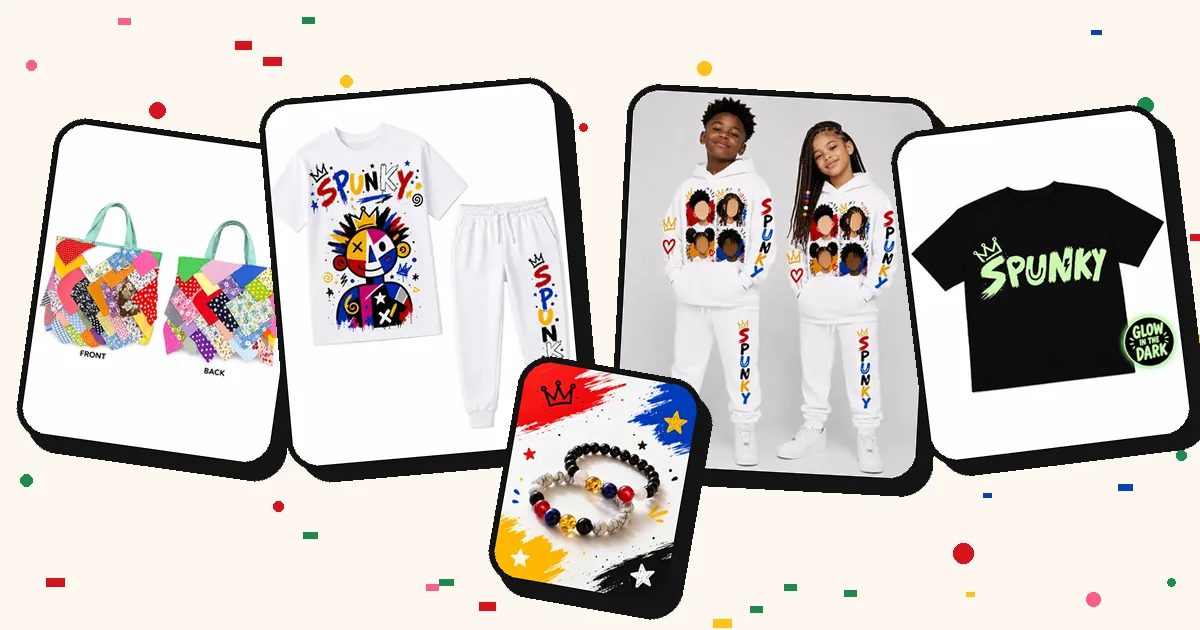SPUNKY gift picks: patchwork tote, Graffiti Kids Set, Graphic Tracksuit, Glow-in-the-Dark T-Shirt and bead bracelets