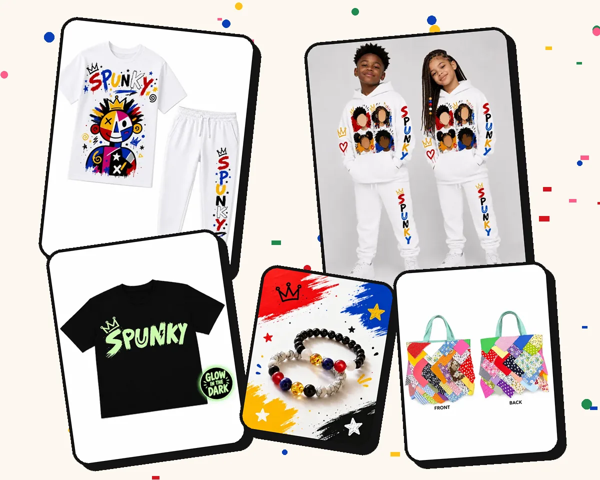 SPUNKY gift picks: Graffiti Kids Set, Graphic Tracksuit, Glow-in-the-Dark T-Shirt, bead bracelets and patchwork tote
