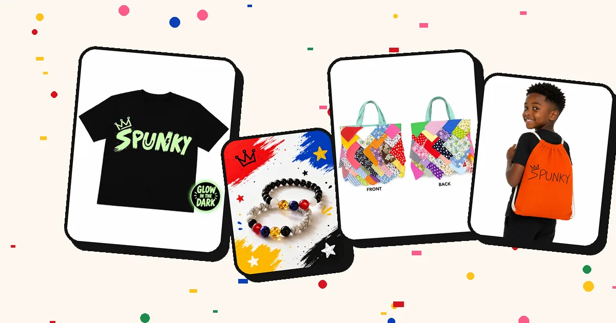 SPUNKY Glow-in-the-Dark T-Shirt with bead bracelets, patchwork tote and drawstring backpack