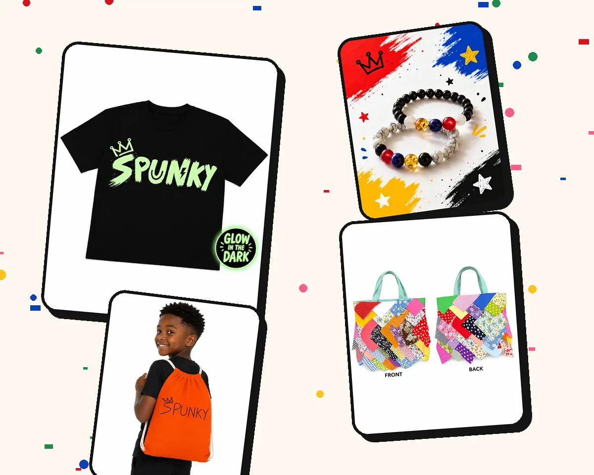 SPUNKY after-dark picks: Glow-in-the-Dark T-Shirt, Royal Color Bead Bracelet Set, Colorful Patchwork Tote Bag and Drawstring Backpack