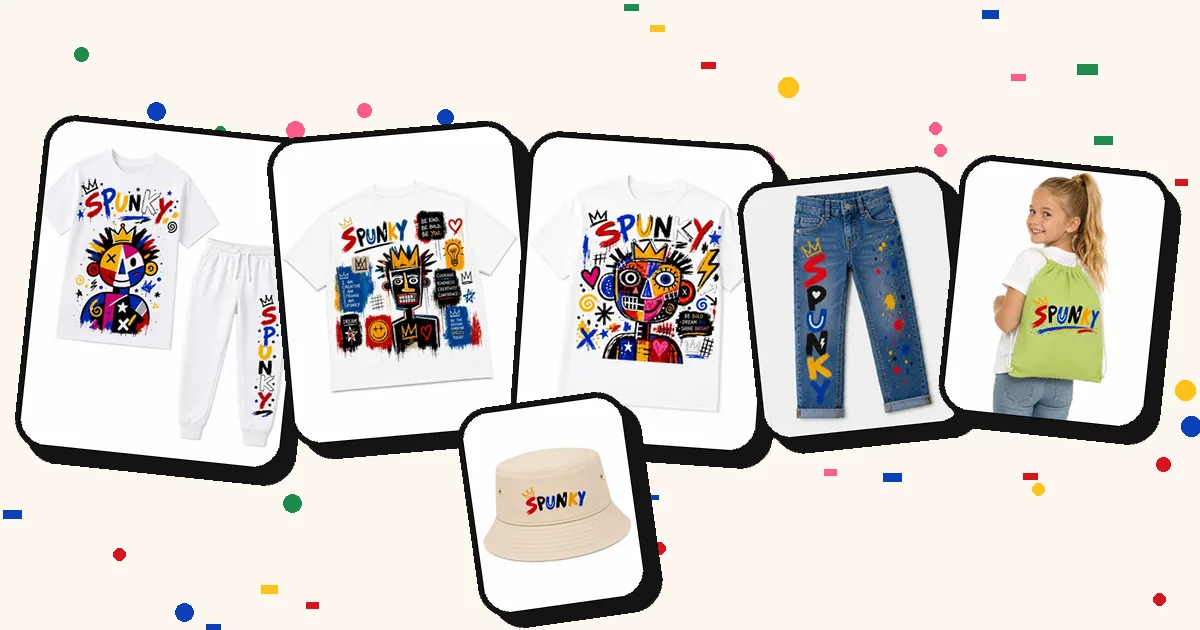 SPUNKY park-day lookbook: Graffiti Kids Set, art tees, painted jeans, bucket hat and drawstring backpack