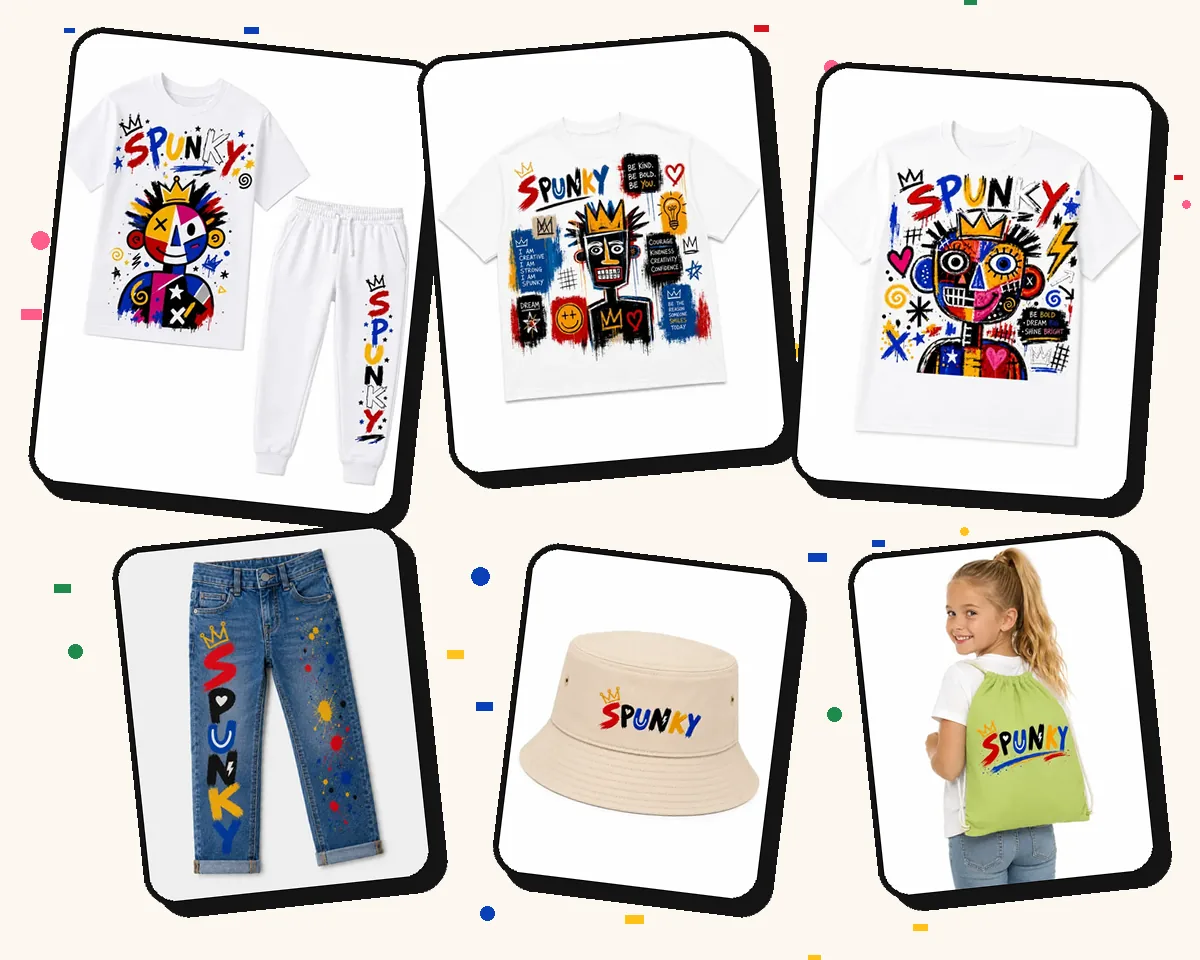 SPUNKY park-day picks: Graffiti Kids Set, Art Graphic T-Shirt, Artistic Graphic Tee, painted jeans, bucket hat and drawstring backpack