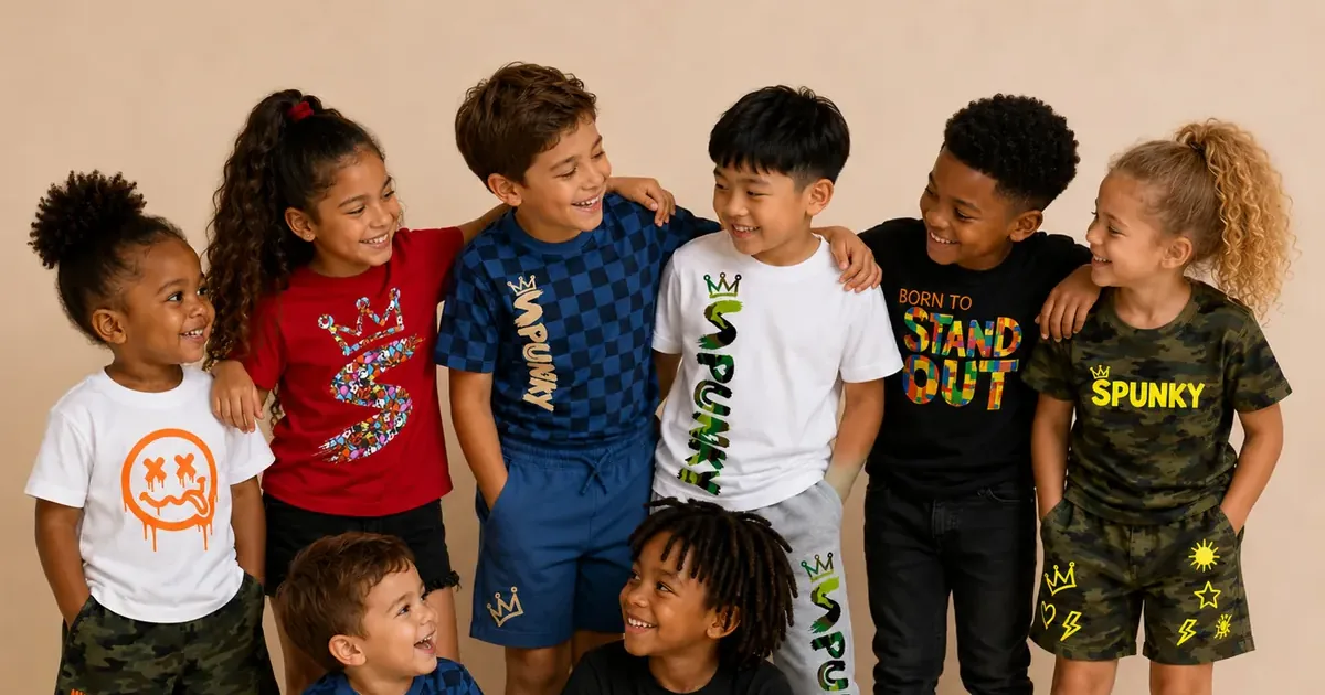 A group of smiling kids in colorful SPUNKY graphic tees and camo shorts