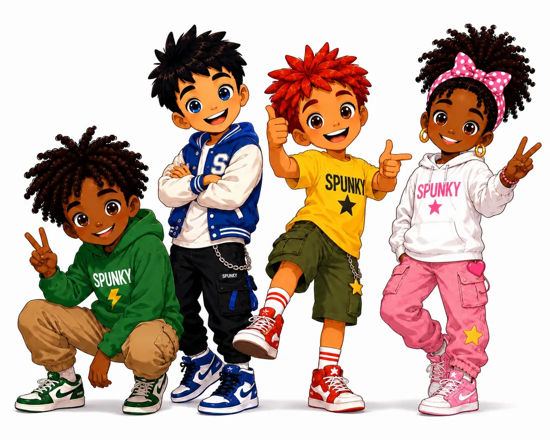 Illustration of the four SPUNKY Crew characters posing in streetwear