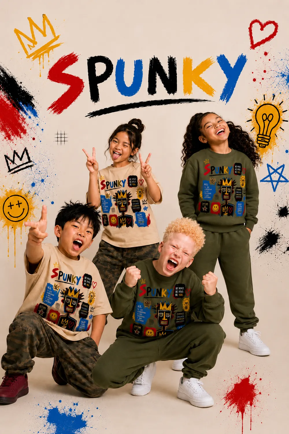 Four kids laughing and striking poses in SPUNKY graphic tees and sweatsuits