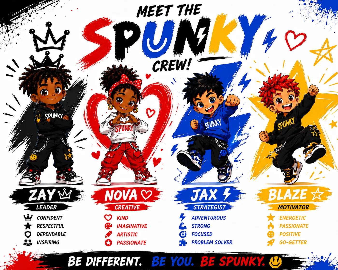 Meet the SPUNKY Crew: Zay the Leader, Nova the Creative, Jax the Strategist, and Blaze the Motivator