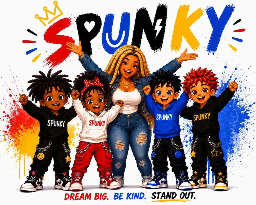 Illustrated SPUNKY Crew characters cheering together under the SPUNKY logo
