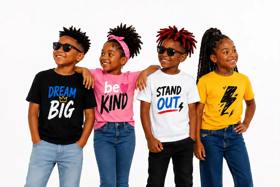 Four kids in SPUNKY tees reading Dream Big, Be Kind, Stand Out and Be You